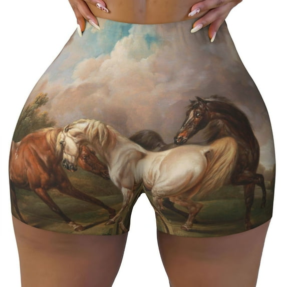 Yiaed Three Horses Oil Painting Print Women's Athletic Shorts Running Shorts Sporty Short High Waisted Elastic Workout Shorts for Yoga Gym Running & Sports -XX-Large