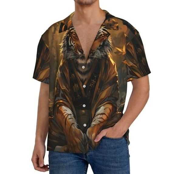 Yiaed Tiger In The Fallen Leaf Forest Print Mens Casual Wrinkle Free Shirts Short Sleeve Button Down Summer Stretch Dress Shirt-XX-Large