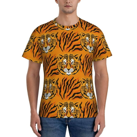 Yiaed Tiger Print Mens Short Sleeve Tight Fit T-Shirt, Crewneck Casual Tee-Medium