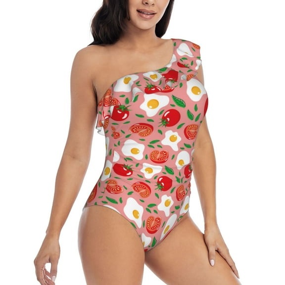 Yiaed Tomatoes Print Women One Piece Swimsuits Tummy Control One Shoulder Bathing Suits Pattern Ruffle Swimwear-Medium