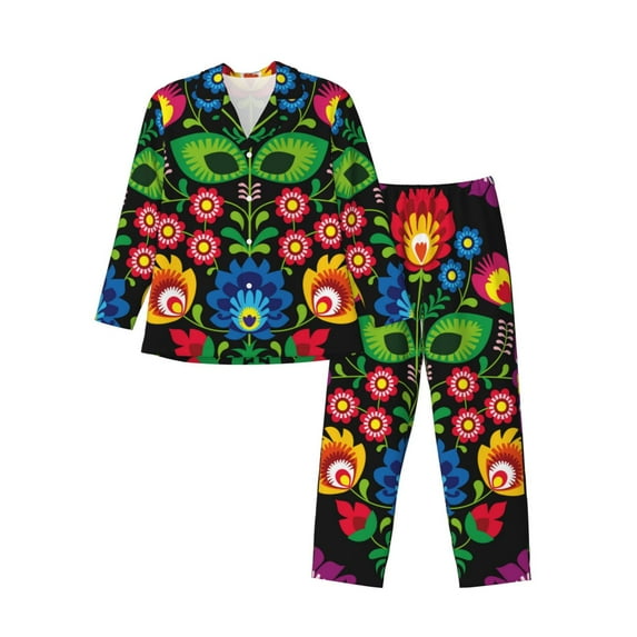 Yiaed Traditional Floral Polish Print Men’s Pajamas Set - Long Sleeve Button Down Sleep Shirt and Pajama Bottoms Sleepwear Set Mens Pjs Sets Men's Pajama Bottoms-X-Large