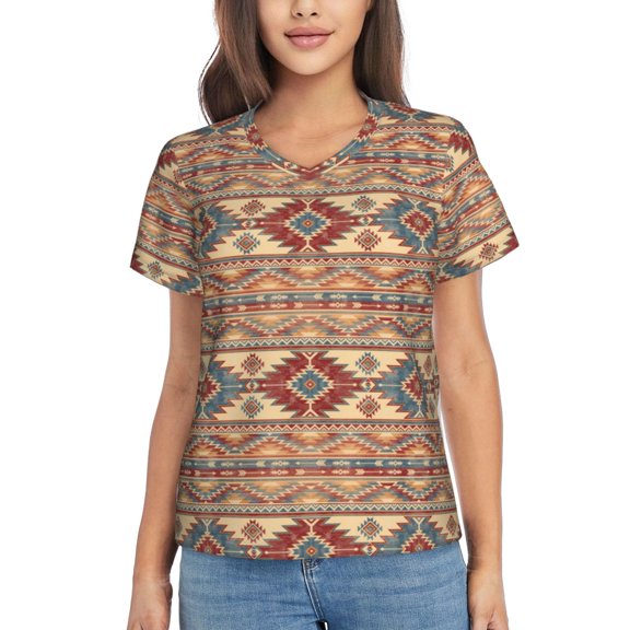 Yiaed Traditional Tribal Aztec Print Women's T Shirt V-Neck Short Sleeve Shirt Casual Breathable Tee Summer Tops-Small