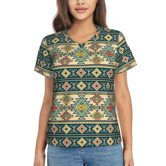 Yiaed Traditional Tribal Aztec1 Print Women's T Shirt V-Neck Short Sleeve Shirt Casual Breathable Tee Summer Tops-Medium