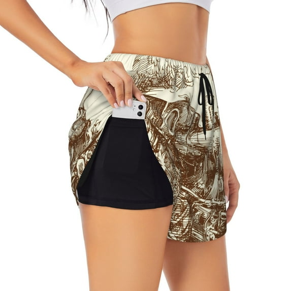 Yiaed Train Print Women's Running Shorts with Liner 3 Zipper Pockets Elastic Workout Athletic Gym Yoga Shorts-Small