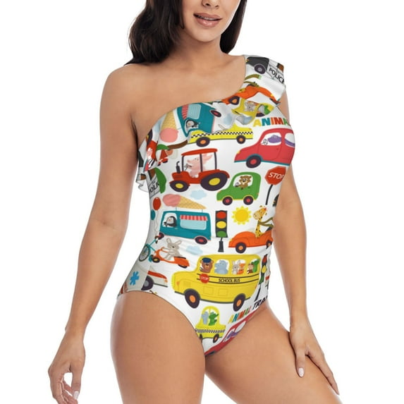 Yiaed Transports with Animals Print Women One Piece Swimsuits Tummy Control One Shoulder Bathing Suits Pattern Ruffle Swimwear-Large