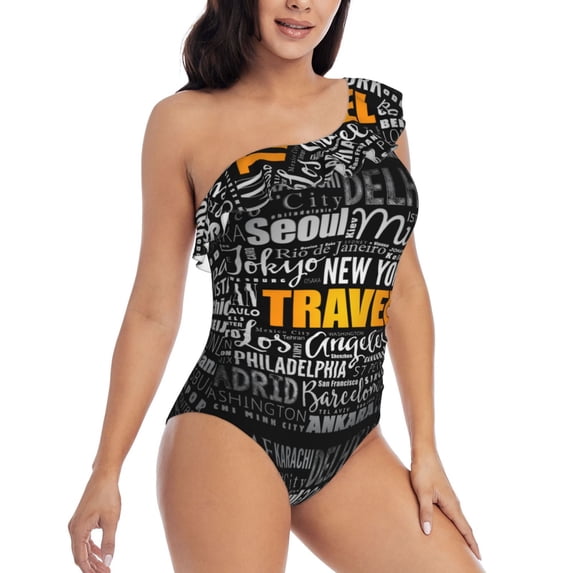 Yiaed Travel Print Women One Piece Swimsuits Tummy Control One Shoulder Bathing Suits Pattern Ruffle Swimwear-Small