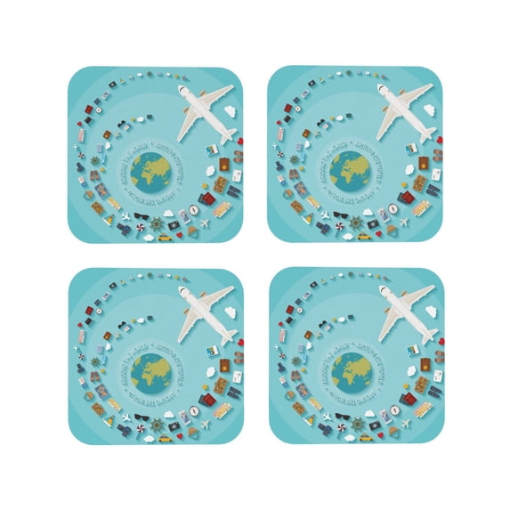 Yiaed Travelling on Airplane Print Leather Coasters for Drinks - Cup Coasters Coffee Table Kitchen Table Bar, Home & Office Gifts Handmade Drink Coasters-Square