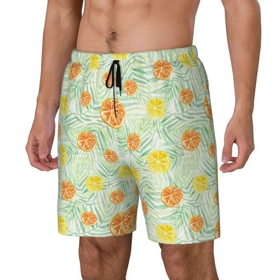 Yiaed Tree Palms Lemon Print Mens Swim Trunks Bathing Suit Compression Liner Beach Swim Shorts Swimwear Quick Dry Zipper Pocket No-Chafing Board Short-XX-Large