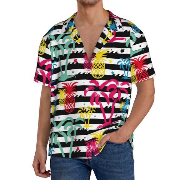 Yiaed Trendy Colorful Pineapples Print Mens Casual Wrinkle Free Shirts Short Sleeve Button Down Summer Stretch Dress Shirt-Medium