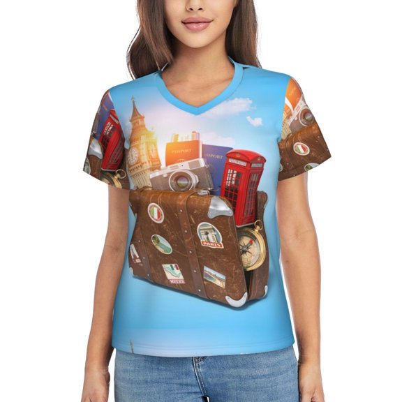 Yiaed Trip to London Print Women's T Shirt V-Neck Short Sleeve Shirt Casual Breathable Tee Summer Tops-3X-Large