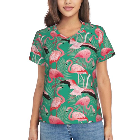 Yiaed Tropical Flamingo Print Women's T Shirt V-Neck Short Sleeve Shirt Casual Breathable Tee Summer Tops-Large