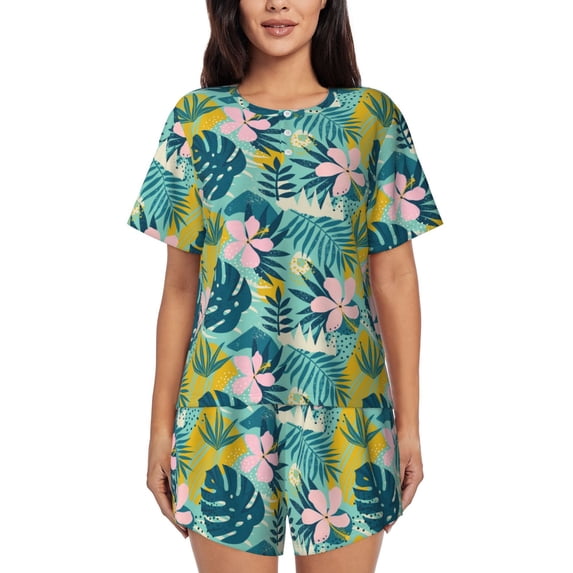 Yiaed Tropical Floral Print Short Sleeve Pajama Sets for Women Casual Crew Neck 2 Piece Lounge Sets Women's Short-Sleeved Pajama-X-Large