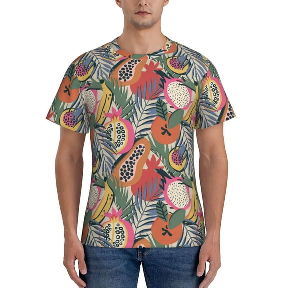 Yiaed Tropical Fruit Print Mens Short Sleeve Tight Fit T-Shirt, Crewneck Casual Tee-3X-Large
