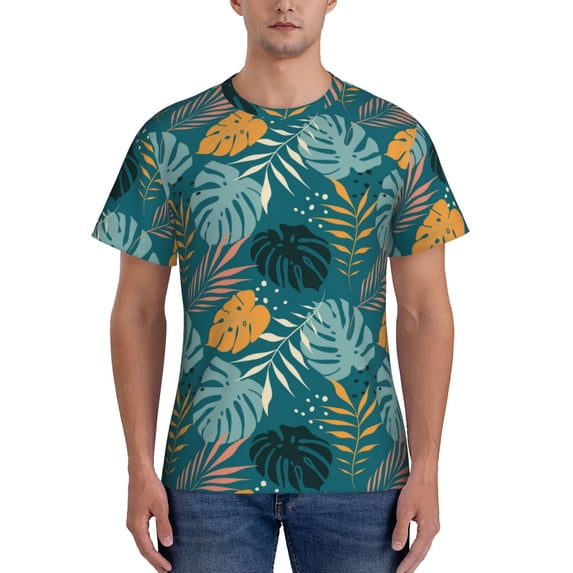 Yiaed Tropical Leaves Print Mens Short Sleeve Tight Fit T-Shirt, Crewneck Casual Tee-Medium