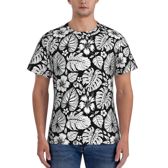 Yiaed Tropical Leaves Print Mens Short Sleeve Tight Fit T-Shirt, Crewneck Casual Tee-Small