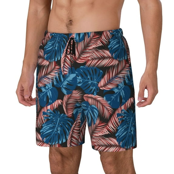 Yiaed Tropical Leaves Print Mens Swim Trunks Bathing Suit Compression Liner Beach Swim Shorts Swimwear Quick Dry Zipper Pocket No-Chafing Board Short-X-Large