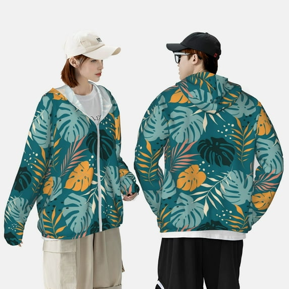 Yiaed Tropical Leaves Print Sun Shirts UPF 50+ Protection Hoodie Rash Guard Shirt UV Shirt Long Sleeve Fishing Outdoor Lightweightase-Small
