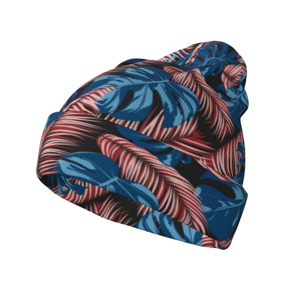 Yiaed Tropical Leaves Print Winter Beanie for Men Women, Fleece Lined Beanie Soft Warm Knit Hat Ski Stocking Cuffed Ca