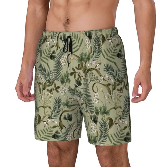 Yiaed Tropical Plants Green Print Mens Swim Trunks Bathing Suit Compression Liner Beach Swim Shorts Swimwear Quick Dry Zipper Pocket No-Chafing Board Short-XX-Large