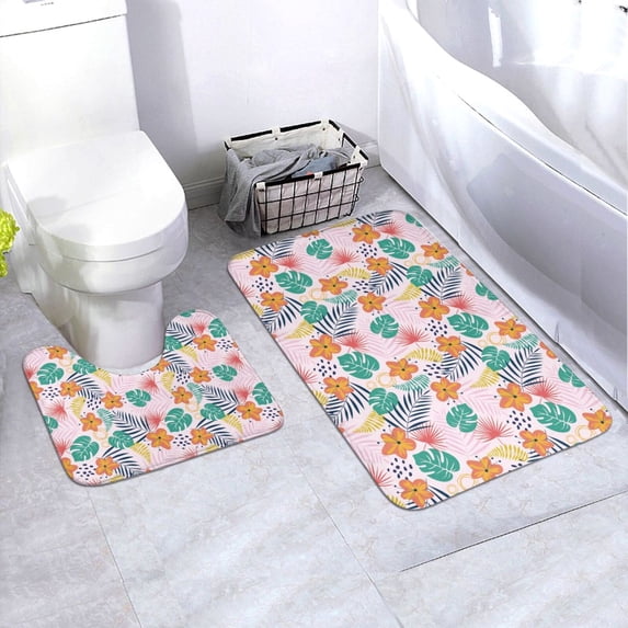 Yiaed Tropical Plants Print Bathroom Mat Set 2 Pieces Mat Anti-Skid Pad Ultra Soft and Absorbent Bathroom Bath Mat Contour Bath Rugs for Toilet Base