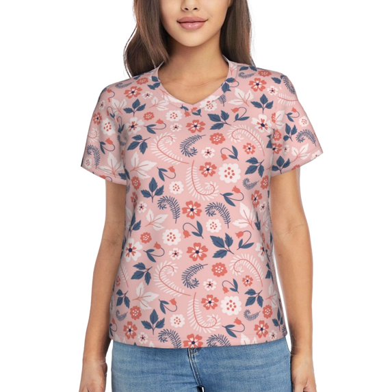 Yiaed Tropical Plants Print Women's T Shirt V-Neck Short Sleeve Shirt Casual Breathable Tee Summer Tops-Large