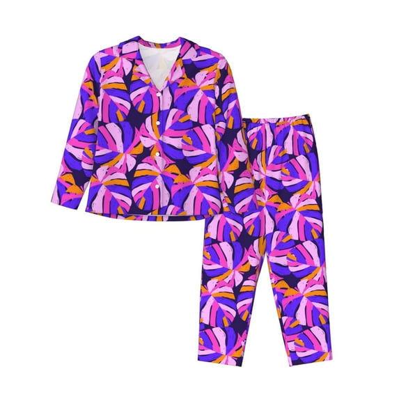Yiaed Tropics Leaf Print Pajamas Women's Long Sleeve Sleepwear Soft Button Down Loungewear Pjs Lounge Set Nightwear Womens Pajama Pants-X-Large