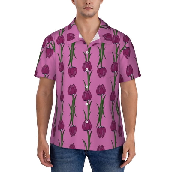 Yiaed Tulips Flowers Print Hawaiian Shirt for Men Short Sleeve Button Down Shirts Beach Shirts for Men-X-Large