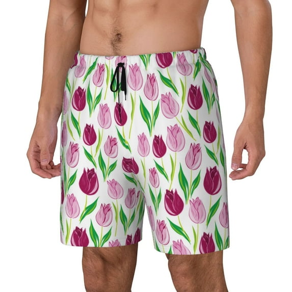 Yiaed Tulips Flowers Print Mens Swim Trunks Bathing Suit Compression Liner Beach Swim Shorts Swimwear Quick Dry Zipper Pocket No-Chafing Board Short-X-Large