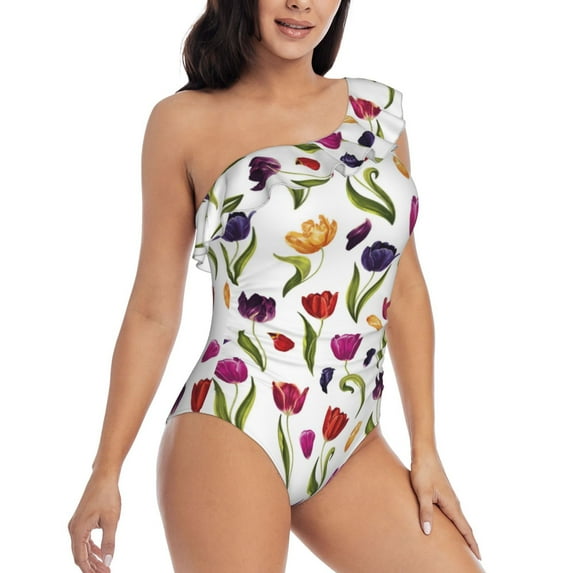 Yiaed Tulips Flowers Print Women One Piece Swimsuits Tummy Control One Shoulder Bathing Suits Pattern Ruffle Swimwear-Large
