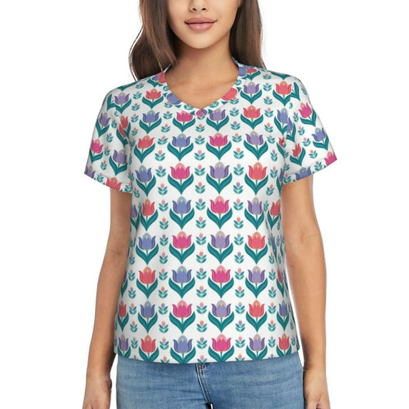 Yiaed Tulips Flowers Print Women's T Shirt V-Neck Short Sleeve Shirt Casual Breathable Tee Summer Tops-XX-Large