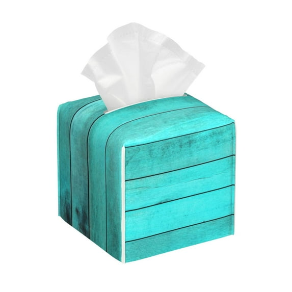Yiaed Turquoise Wooden2 Print Tissue Box Cover, PU Leather Decorative Organizer for Tabletop, Bathroom, Car, Office Creative Decorative