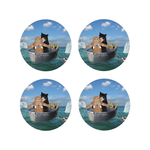Yiaed Two Brave Cats Are Floating On The Sea Iceberg Print Leather Coasters for Drinks - Cup Coasters Coffee Table Kitchen Table Bar, Home & Office Gifts Handmade Drink Coasters-Round Shape
