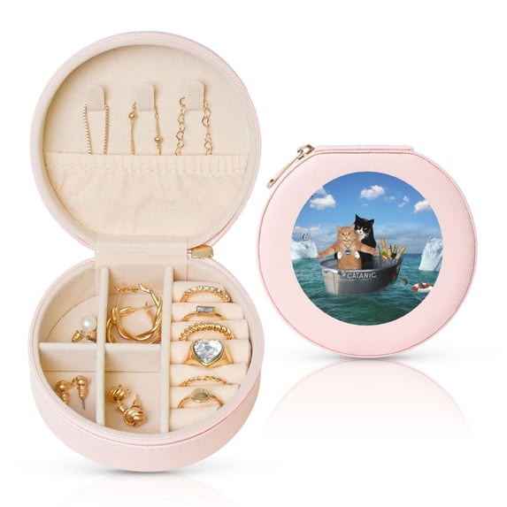 Yiaed Two Brave Cats Are Floating On The Sea Iceberg Print Travel Jewelry Case Bridesmaid Gift Boxes Jewelry Travel Organizer Small Round Jewelry Box Mini Storage-Pink