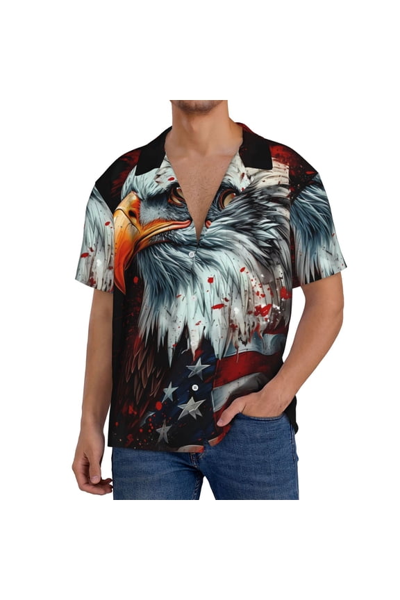 USA Bald Eagle Print Mens Casual Wrinkle Free Shirts Short Sleeve Button Down Summer Stretch Dress Shirt-Small