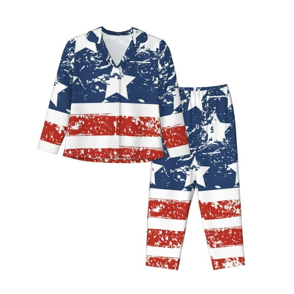 Yiaed USA Colors Stripes1 Print Pajamas Women's Long Sleeve Sleepwear Soft Button Down Loungewear Pjs Lounge Set Nightwear Womens Pajama Pants-Small