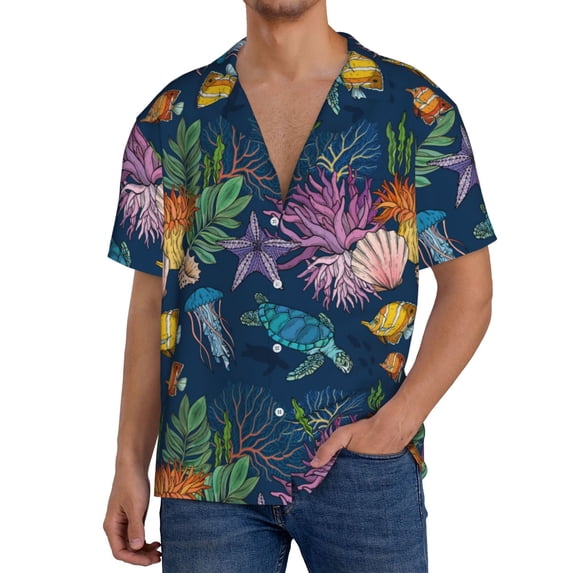 Yiaed Undersea Animals Print Mens Casual Wrinkle Free Shirts Short Sleeve Button Down Summer Stretch Dress Shirt-X-Large