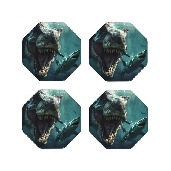 Yiaed Underwater Dinosaur Shark Print Leather Coasters for Drinks - Cup Coasters Coffee Table Kitchen Table Bar, Home & Office Gifts Handmade Drink Coasters-Octagon