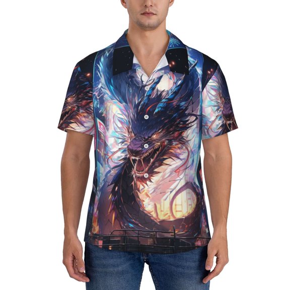 Yiaed Urban Style Colorful Dragon Print Hawaiian Shirt for Men Short Sleeve Button Down Shirts Beach Shirts for Men-3X-Large