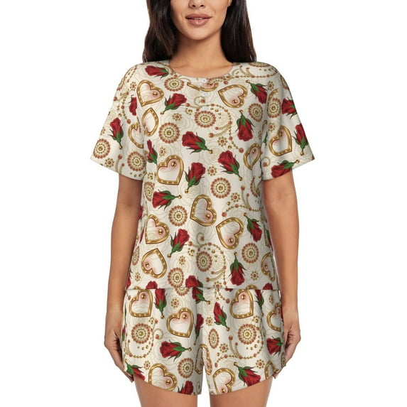 Yiaed Valentine'S Day Rose Print Short Sleeve Pajama Sets for Women Casual Crew Neck 2 Piece Lounge Sets Women's Short-Sleeved Pajama-Small
