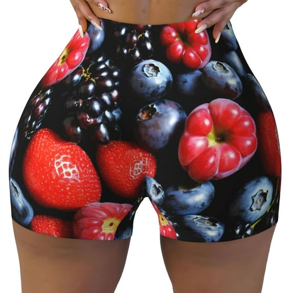Yiaed Variety Of Fruits And Berries Print Women's Athletic Shorts Running Shorts Sporty Short High Waisted Elastic Workout Shorts for Yoga Gym Running & Sports -Small