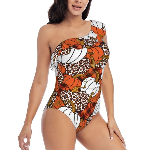 Yiaed Various Pumpkins Print Women One Piece Swimsuits Tummy Control One Shoulder Bathing Suits Pattern Ruffle Swimwear-Large