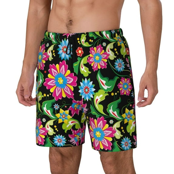 Yiaed Vector Mexican Otomi Style Bright Print Mens Swim Trunks Bathing Suit Compression Liner Beach Swim Shorts Swimwear Quick Dry Zipper Pocket No-Chafing Board Short-X-Large