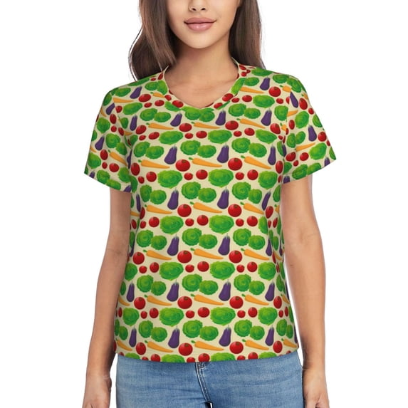 Yiaed Vegetable Print Women's T Shirt V-Neck Short Sleeve Shirt Casual Breathable Tee Summer Tops-Medium