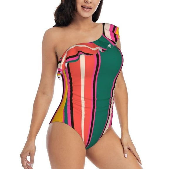 Yiaed Vertical Stripes Print Women One Piece Swimsuits Tummy Control One Shoulder Bathing Suits Pattern Ruffle Swimwear-X-Large