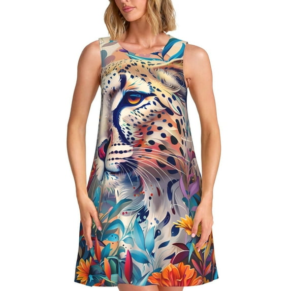 Yiaed Vibrant Leopard In Flowers Print Women's Sleeveless Dress, Loose Fit Summer Dress, Casual Sleeveless Dress for Women