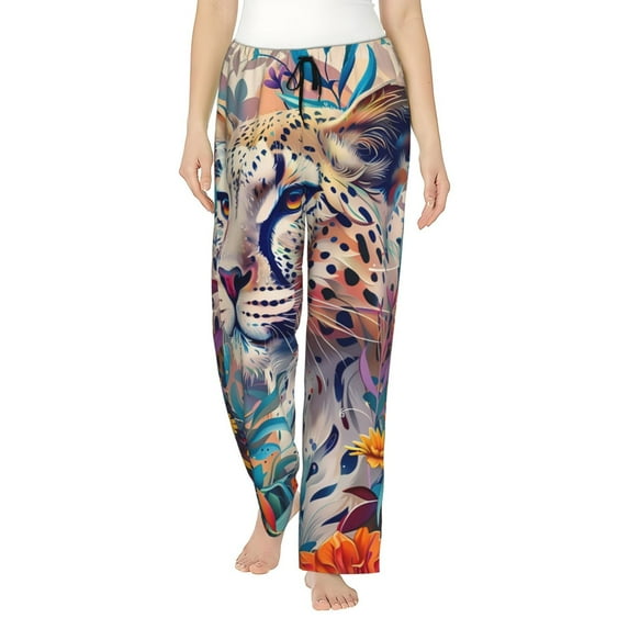 Yiaed Vibrant Leopard In Flowers Print Womens Lounge Pants, Loose PJ Bottoms, Long Pajama Pants for Women-XX-Large