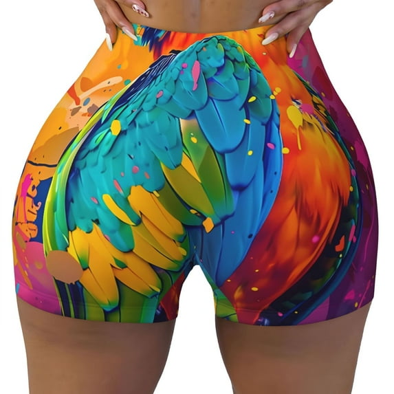 Yiaed Vibrant Parrot Splash Art Print Women's Athletic Shorts Running Shorts Sporty Short High Waisted Elastic Workout Shorts for Yoga Gym Running & Sports -Large