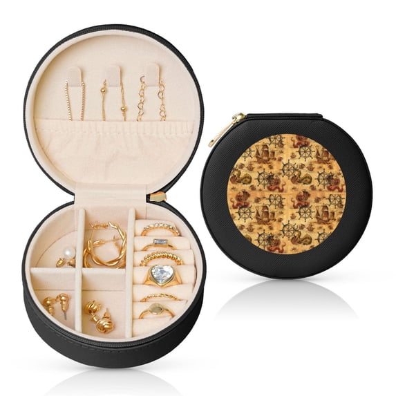 Yiaed Vintag Ancient Sailboats Print Travel Jewelry Case Bridesmaid Gift Boxes Jewelry Travel Organizer Small Round Jewelry Box Mini Storage-Black