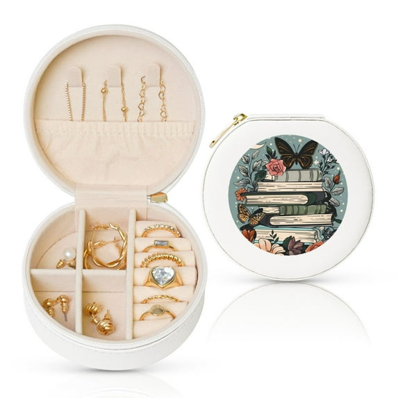 Yiaed Vintage Art Butterfly Flower Print Travel Jewelry Case Bridesmaid Gift Boxes Jewelry Travel Organizer Small Round Jewelry Box Mini Storage-White
