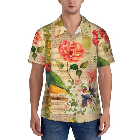 Yiaed Vintage Bird Print Hawaiian Shirt for Men Short Sleeve Button Down Shirts Beach Shirts for Men-Small